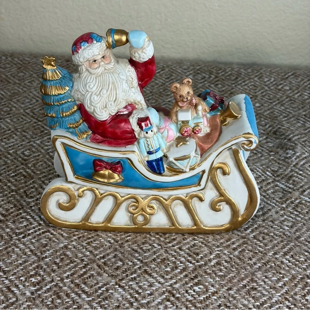 Vtg Christmas Kurt Adler Santa Sleigh Ceramic Music Box 1990 Decor Gift Work EUC
